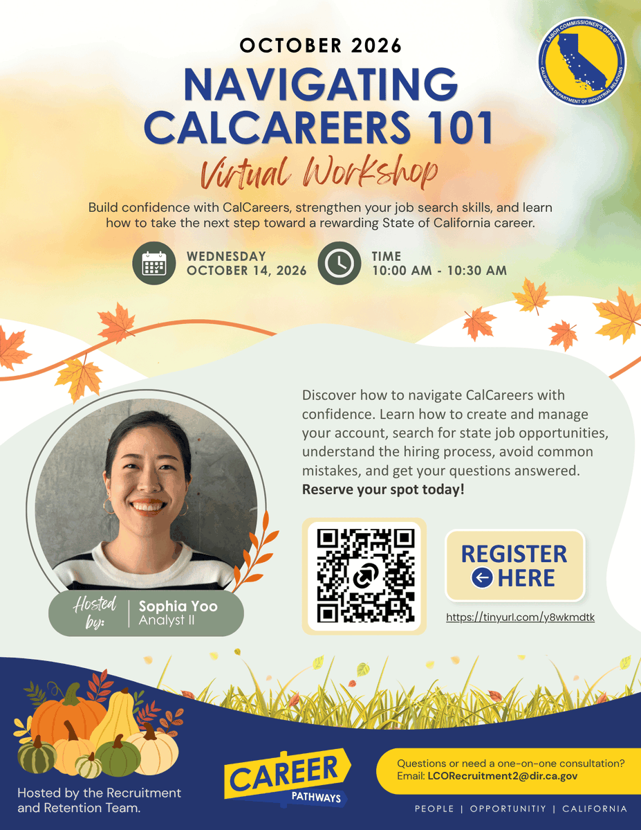 CA_DIR's tweet photo. Join the Labor Commissioner’s Recruitment and Retention Team for a Virtual Workshop! 💡

📅 Date: October 17, 2026
🕙 Time: 10:00 AM – 10:30 AM   
📍 Location: Online via Microsoft Teams   

📲 Register now: https://t.co/Ye9pRCCDcL

#Hiring #Webinar #CAStateJobs #Work4CA https://t.co/8CS1X1L9ba