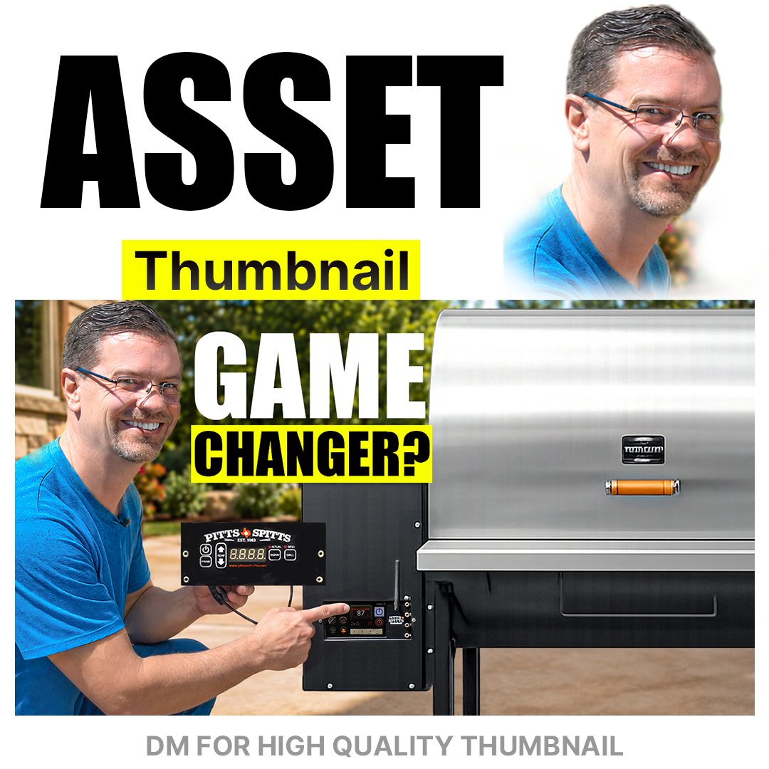 a_razagraphics's tweet photo. **Before → After:** Smoker controller close-up + bold “Game Changer?” headline.  
Low views on grilling/product review content? Thumbnail is the fix.  
Next upload? DM me. https://t.co/3z1VrMjJFa