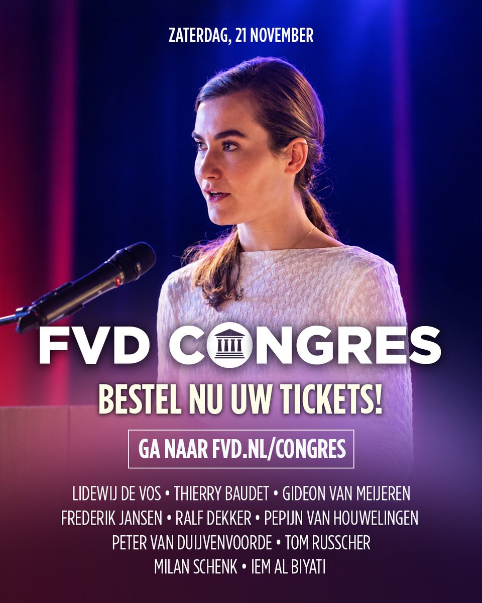 fvdemocratie's tweet photo. ‼️ FVD Congres 2026 ‼️

Op zaterdag 21 november vindt het belangrijkste politieke evenement van het jaar plaats: we komen met duizenden FVD'ers samen in Brabant om de toekomst van ons land te bespreken.

Ben jij er ook bij? Reserveer je ticket via https://t.co/jKWh92QkIb! https://t.co/zb5mPWzODA