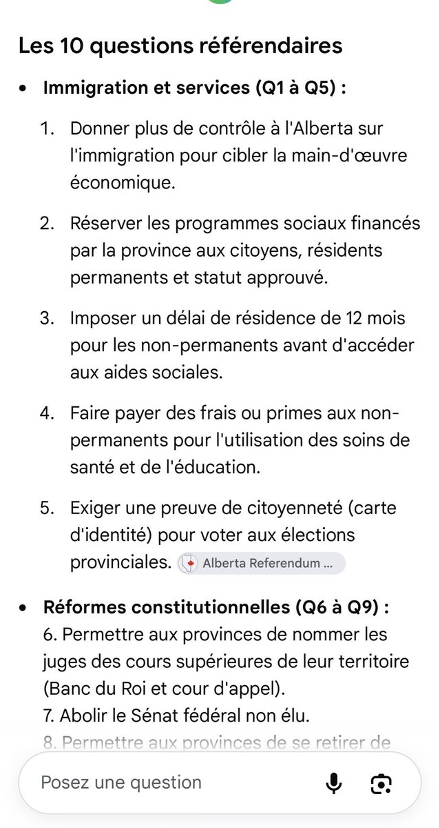 DroletRenee's tweet photo. Ce qui est intéressant avec le référendum en Alberta, ce n’est pas seulement la question d’un éventuel référendum sur la souveraineté (et non directement sur la séparation), mais aussi les neuf autres questions sur l’immigration et sur la constitution. Des questions qui pourraient donner plus de contrôle en immigration et dans les les champs de compétence des provinces.

On va pourtant mettre l’accent uniquement sur la séparation, alors que ce n’est qu’une question parmi dix. Les neuf autres questions pourraient faire évoluer la fédération canadienne vers une confédération et on en a presque pas parlé.

J’espère que les Albertains ont été sensibilisés aux autres enjeux et que ce référendum contribuera à une véritable réflexion collective, mais j’en doute sincèrement. Le fédéral sait très bien comment manipuler la population.

https://t.co/ezKQBintCL