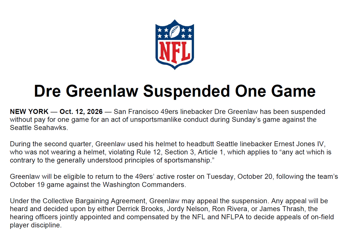 NFL345's tweet photo. Dre Greenlaw Suspended One Game https://t.co/p7vq1338Ym