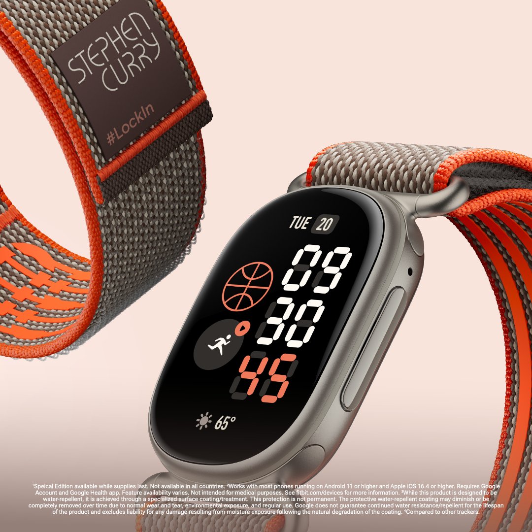 googlehealth's tweet photo. Swish! Another game changer from @stephencurry30 🏀🔥

Google #FitbitEdge Special Edition Stephen Curry pairs a custom colorway and signature details with a premium water-repellent design, plus glanceable guidance.

Pre-order yours: https://t.co/jjajP3nzCM https://t.co/bwFxdg4lUo