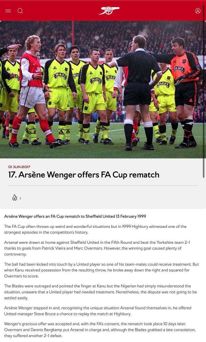 MusaOzil__'s tweet photo. “Arsenal are cheats. They have skeletons too”

In 1999, Arsenal scored a controversial FA Cup winner against Sheffield United. Arsène Wenger, believing it went against fair play, requested a replay. The FA agreed, and Arsenal won again 10 days later.

A man of integrity. https://t.co/DPY6p18Rqp