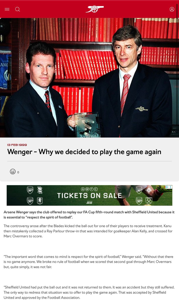 MusaOzil__'s tweet photo. “Arsenal are cheats. They have skeletons too”

In 1999, Arsenal scored a controversial FA Cup winner against Sheffield United. Arsène Wenger, believing it went against fair play, requested a replay. The FA agreed, and Arsenal won again 10 days later.

A man of integrity. https://t.co/DPY6p18Rqp