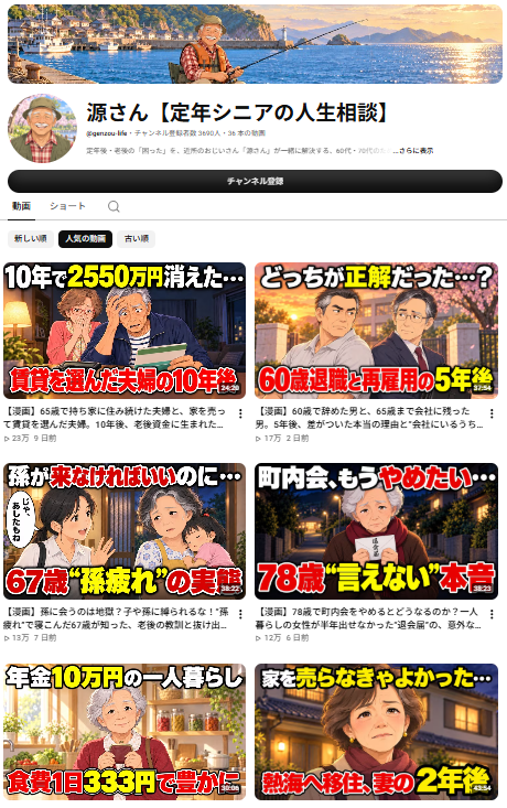 samon_youtube's tweet photo. ぶっちゃけると、これ儲かりすぎ。

10月2日に1本目を出したチャンネルが、
36本で134万回まで来てます。

・投稿本数 36本
・登録者 3,690人
・36本の合計 134万回
・最高の1本が23万回
・長尺は全部20〜48分

「源さん」。定年後の悩みを漫画でやってます。

※ブクマ必須

伸びている理由は↓

①2人を比べて「〇年後」で落とす

持ち家の夫婦と、賃貸の夫婦。10年後。
60歳で辞めた男と、65歳まで残った男。5年後。

上位2本がこの形です。

②1本目の日に7本出してる

様子見をしてない。
最初の日から、棚を埋めにいってます。

③稼いでるのは長尺

長尺18本で121万回。
2分半の短縮版18本は、合わせて13万回です。

ただ36本中19本は1万回いってません。
ほとんどが短縮版です。

お金と老後を、比べて見せる。

参入するなら今。https://t.co/V4MvukYDql