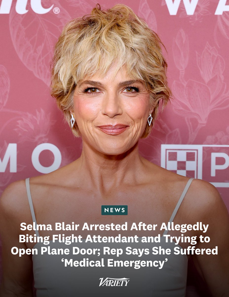 Variety's tweet photo. Selma Blair was arrested Sunday after an alleged violent incident aboard a Delta flight from Los Angeles to New York:

• Blair allegedly tried to open the plane door mid-flight, punched one flight attendant and bit another

• She was taken into custody after landing and transported to a hospital for evaluation

• Both flight attendants reported injuries, with one receiving hospital treatment

https://t.co/qts1OHQ2Jj