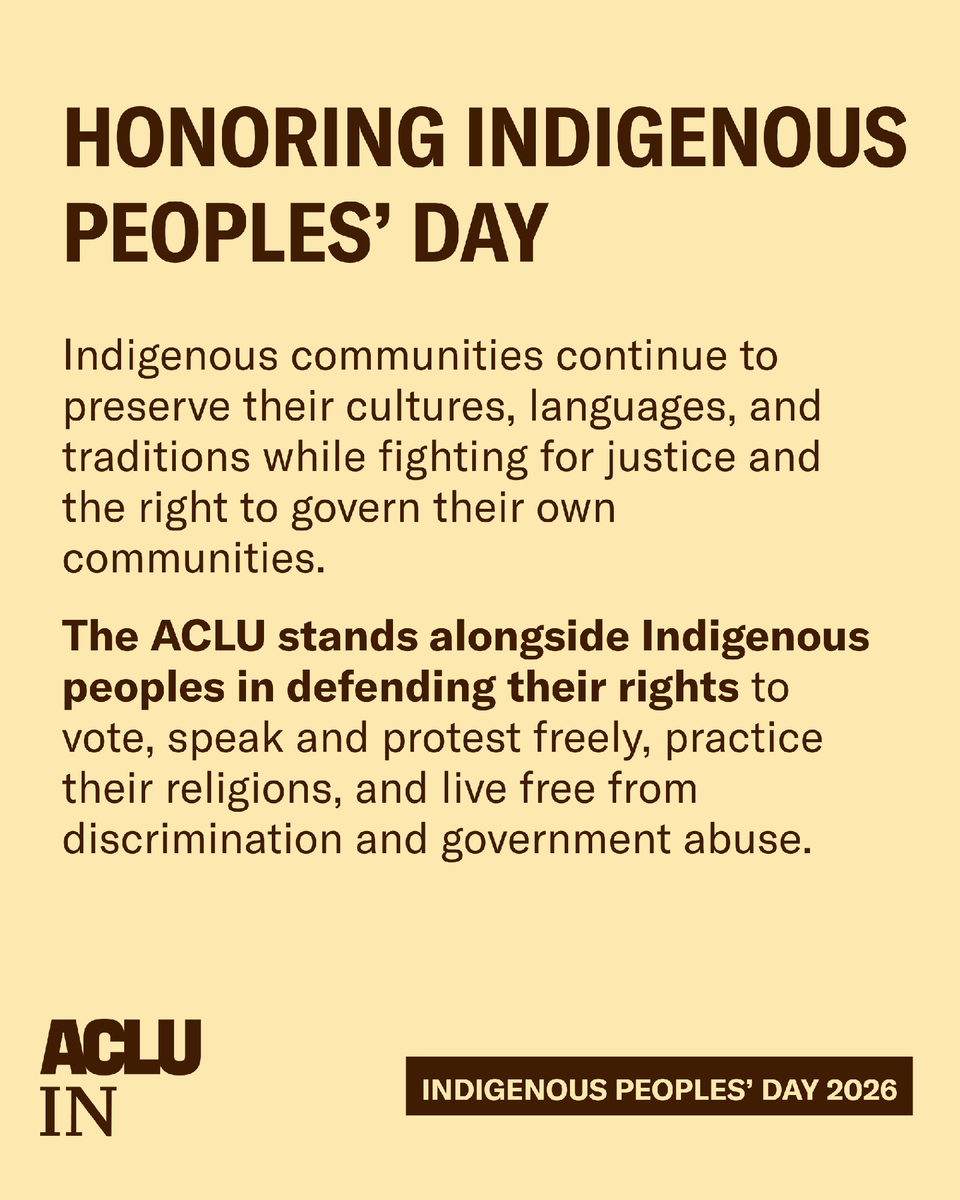 ACLUIndiana's tweet photo. Today, we honor Indigenous peoples, their histories, cultures, and ongoing fight for justice. (And not that other guy.)

This Indigenous Peoples' Day and every day, the ACLU will keep standing alongside communities in the fight for their rights, sovereignty, and freedom. https://t.co/tr5gGWtkBk