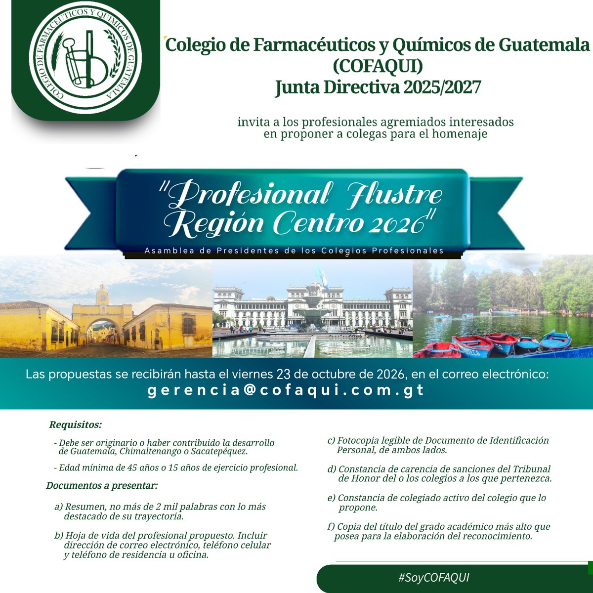 CofaquiGuate's tweet photo. 𝗥𝗘𝗖𝗢𝗡𝗢𝗖𝗜𝗠𝗜𝗘𝗡𝗧𝗢 𝗣𝗥𝗢𝗙𝗘𝗦𝗜𝗢𝗡𝗔𝗟👏

La Junta Directiva 2025-2027 invita a todos los profesionales agremiados a participar en la entrega del homenaje "𝑷𝒓𝒐𝒇𝒆𝒔𝒊𝒐𝒏𝒂𝒍 𝑰𝒍𝒖𝒔𝒕𝒓𝒆 𝑹𝒆𝒈𝒊𝒐́𝒏 𝑪𝒆𝒏𝒕𝒓𝒐 𝟐𝟎𝟐𝟔" de APCOP.

#OrgulloCOFAQUI https://t.co/u6of7LU0Xy