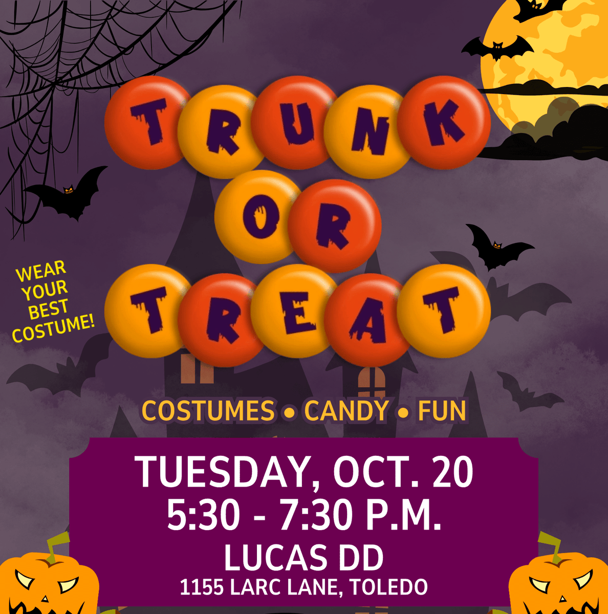 LucasDDBoard's tweet photo. Don’t ghost this chance for a fang-tastic time! Join us at the Lucas DD Trunk or Treat on Oct. 20 at our South #Toledo headquarters. Sweet treats, creative trunks, and #Halloween fun for all ages and abilities! Costumes encouraged, smiles guaranteed, and un-boo-lievable candy! https://t.co/pOcRoZBDvA