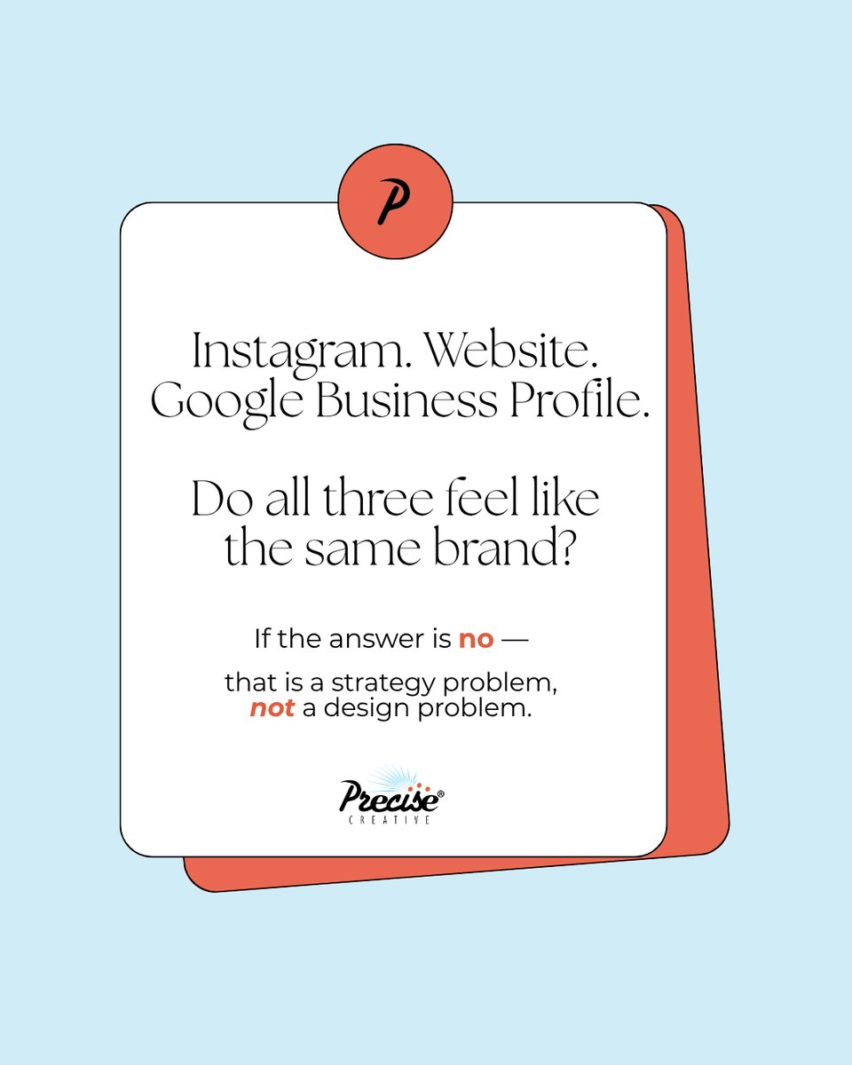 PreciseCreative's tweet photo. Instagram. Website. Google Business Profile. 📊  Do all three feel like the same brand? If the answer is no, that is not a design problem. It is a strategy problem. ✍️  #BrandStrategy #SmallBusinessMarketing https://t.co/Nm1M0Qr2nr