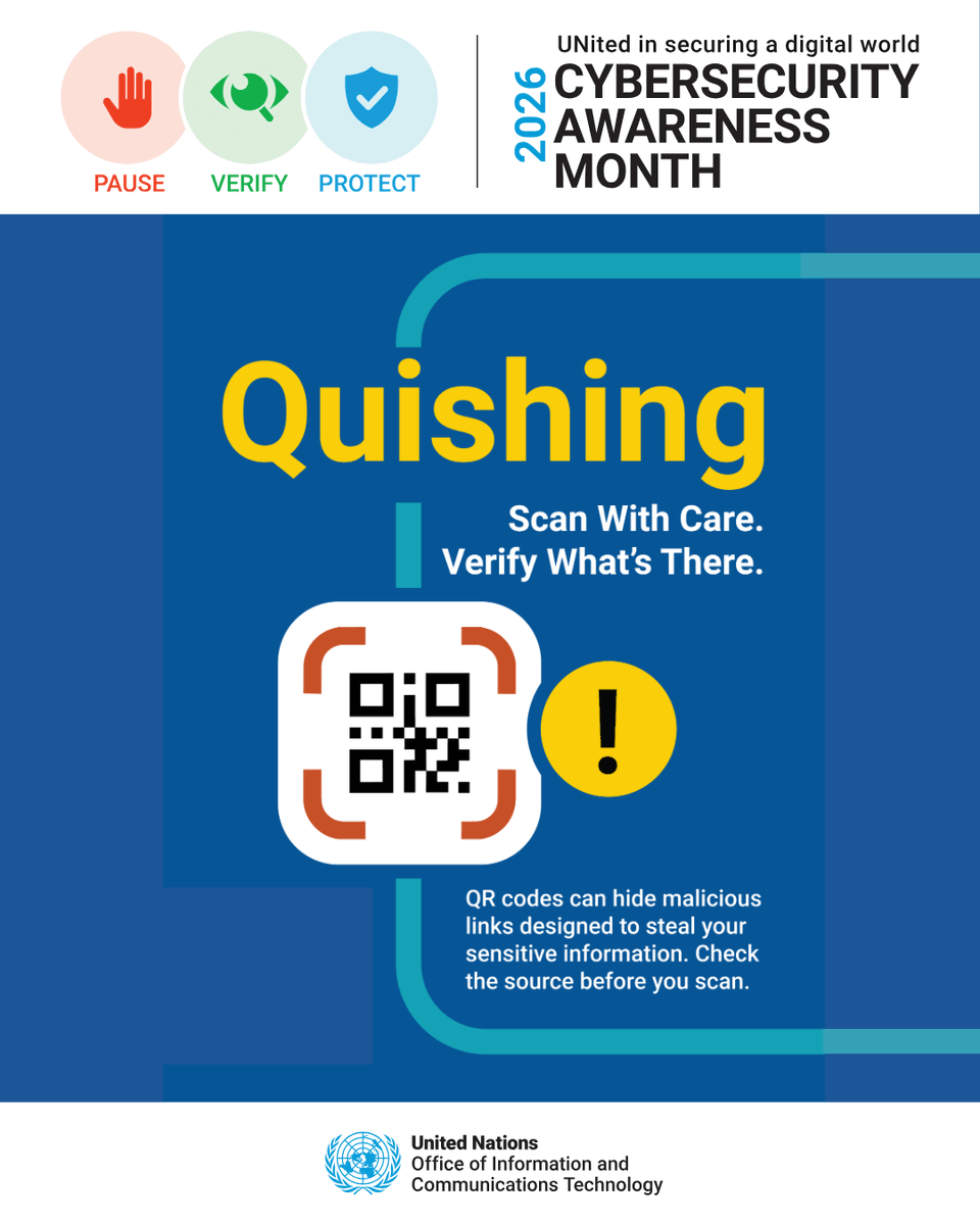 UN_OICT's tweet photo. QR codes are everywhere, including in our digital workplaces.

Before you scan, pause and consider where that code could take you. A malicious QR code can lead to a fraudulent website designed to steal information.

#CybersecurityAwarenessMonth https://t.co/stVaqKsD10