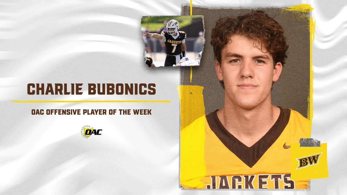 bwathletics's tweet photo. Charlie Bubonics has been named the OAC Offensive Player of the Week! 🏈

Bubonics threw for 302 yards and five touchdowns on 13-of-25 passing in BW's 38-10 win over Ohio Northern. His five touchdown passes helped the Yellow Jackets improve to 5-0 overall and 3-0 in OAC play.

Congratulations, Charlie! 👏

📰: https://t.co/gct0I2wobZ

#BWGrit | #AwwJackets