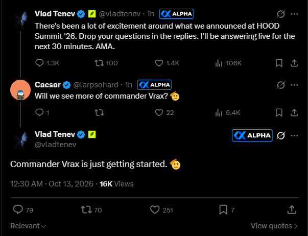 stitchdegen's tweet photo. I think it's time for another update on $VRAX 

Quite a few things have been messy around this coin lately. But after following the recent developments and reading through the CTO team's explanations, I think there are some important points worth revisiting

> The narrative is still pretty strong. Commander Vrax originated from Robinhood's HOOD Summit and has been mentioned by Robinhood multiple times since. That's a pretty unique advantage for a memecoin, although Robinhood has never directly endorsed the token

> @vladtenev  just brought fresh attention. His recent interaction helped $VRAX rally again, showing that the narrative still has the ability to attract attention and liquidity

> @theunipcs also bought $VRAX around a $3.7M market cap. That's another interesting development, especially as the token is starting to regain attention

> The concerns surrounding the previous X account now have an explanation. In my earlier research, I highlighted an account that had changed its name 11 times, promoted multiple CAs, and was followed by Vlad. According to the CTO team, it was actually an impersonator that hijacked the project's social links on Dexscreener to attract followers. That fake account has since changed its name again, and the team maintains it has no connection to them

> The social issues aren't over yet. Despite multiple attempts to fix the links on Dexscreener and FOMO, the team is still dealing with impersonators, including another group reportedly using fake X links on FOMO

> What stands out most to me is the CTO team's persistence. Even when $VRAX dropped hard and lost momentum, they kept posting updates, creating content, fixing social issues, and keeping the community active. That's something I genuinely respect

> The community is also picking up again. Blasts, leaderboard activity, and fresh attention from Vlad are helping $VRAX regain momentum 

Overall, I'm more positive on $VRAX than I was in my previous research. The narrative remains interesting, and the CTO team has shown real commitment. Still, this is a memecoin heavily driven by attention, so sustaining the momentum will require continued interest and fresh liquidity

Important: The only official X account for $VRAX is @vraxerc. Be careful with impersonators and social links displayed on FOMO or Dexscreener

Lastly, I want to apologize to the $VRAX team for the misunderstanding regarding the X account in my previous research. My assessment was based on the information available at the time, and now that more context has emerged, it's only fair to update my perspective

Research is about following the evidence, not defending an old take