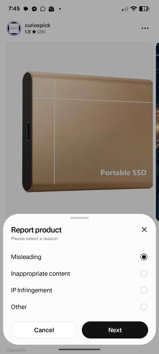 Mitman93's tweet photo. Found their shop page and reported it. 

For those who don't know the scam: what they do is flash the controller chip on the drive to falsely report its storage capacity to Windows. So when you plug it in, it appears to legitimately be 32TB. But what you quickly find out is A) the read/write speeds are laughably bad and B) after 8, sometimes 16GB of writing...it will start from the beginning and overwrite. So the true capacity is 8 or 16GB