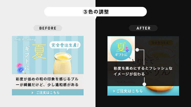 design_hikaru's tweet photo. 【デザインレビュー&ブラッシュアップ】
お題:プリンの夏ギフト販促バナー
~良い点~
・文字のリズムが良い
・見やすくまとまってる
~調整点~
①見出しの文字サイズ
②商品画像のサイズ
③色の調整
#studyplaza https://t.co/AifaIbOwpF