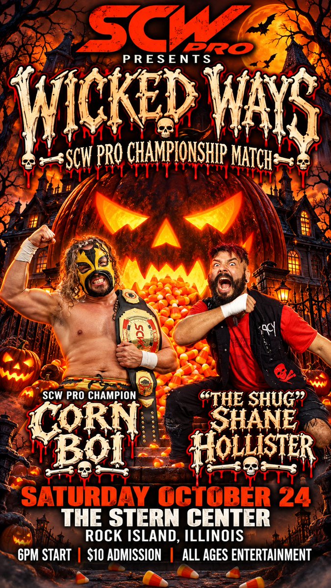 SCWPro's tweet photo. 🚨 BREAKING NEWS 🚨

As announced on The Fast Count w/SCWPro tonight, signed for October 24th at The Stern Center...

@The_Shug

vs

@DaCornBoii

For the SCWPro Championship!

🎃 6pm start
🎃 Tickets just $10

Who walks away with the gold?! #WWERaw https://t.co/KoWs8oi5vp