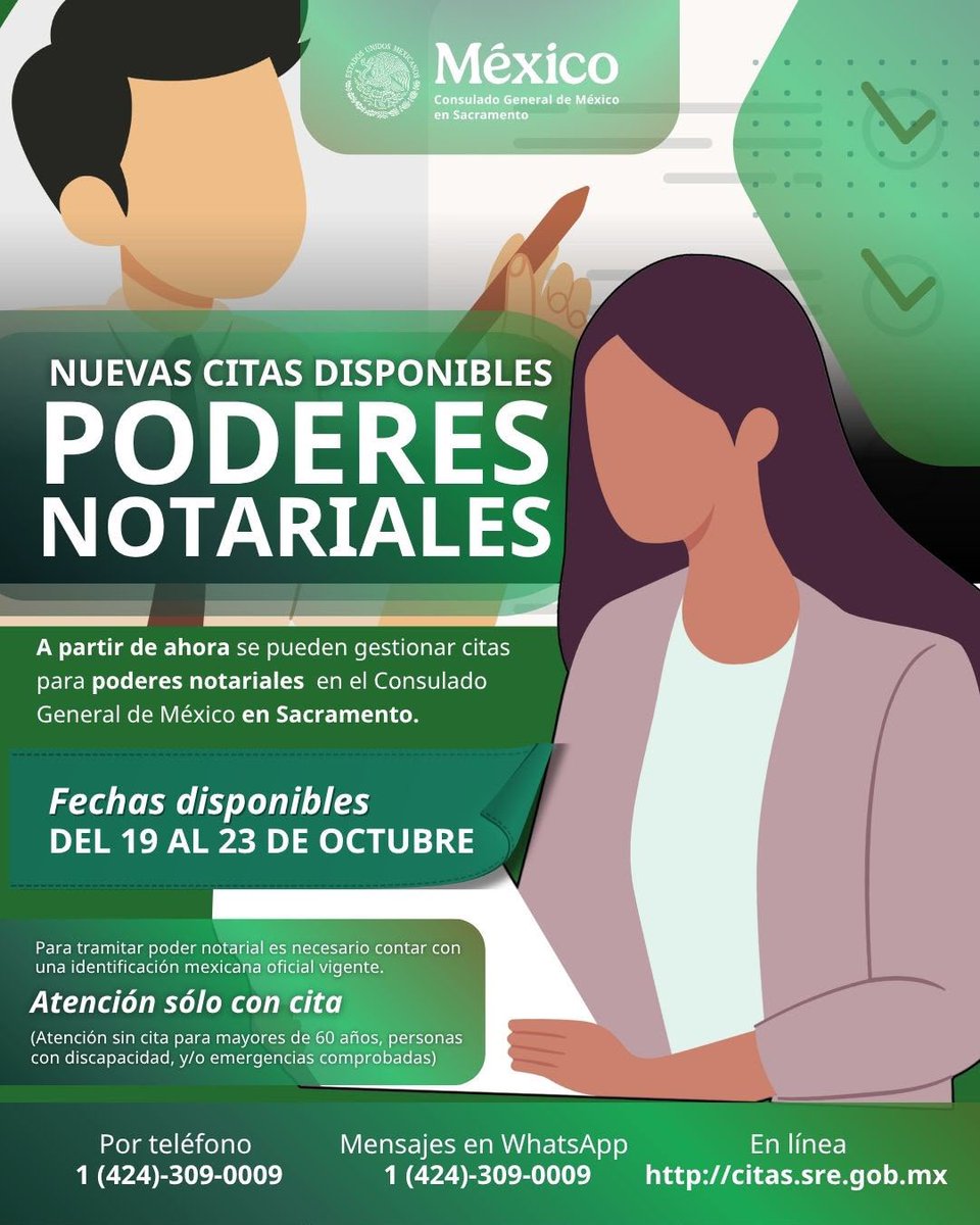 consulmexsac's tweet photo. 🇲🇽 Nuevas citas disponibles en tu Consulado 🇲🇽

 👉🏼 Los días del 19 al 23 de octubre
 📍Trámites disponibles:
✔️ FE PÚBLICA (Poderes notariales)

📲 Haz tu cita llamando o a través WhatsApp al: 1 424 309 0009
📲O en línea https://t.co/CkURKk8Y4l https://t.co/j75AUNfF3V