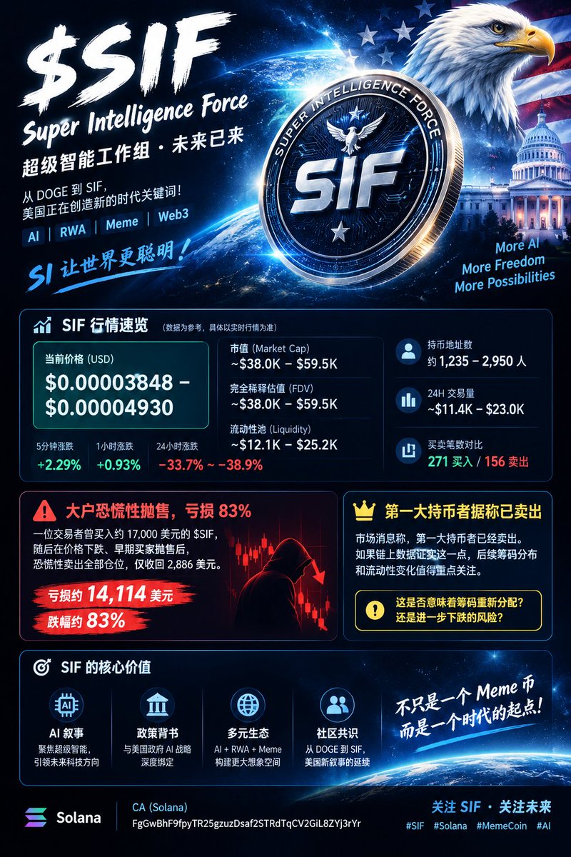 BFGDAO's tweet photo. 🚨 solana:FgGwBhF9fpyTR25gzuzDsaf2STRdTqCV2GiL8ZYj3rYr 大幅回调！第一大持币者据称卖出，市场正在经历什么？

📊 #SIF 实时行情观察
🪙 代币：Super Intelligence Force
💵 参考价格：$0.00003848–$0.00004930
📉 24H 跌幅：-33.7% 至 -38.9%
💰 市值：约 $38K–$59.5K
💧 流动性：约 $12.1K–$25.2K
👥 持币地址：约 1,235–2,950
📈 24H 成交量：约 $11.4K–$23K
⚠️ 一笔令人警醒的交易
据称，一位交易者曾买入约 $17,000 的 solana:FgGwBhF9fpyTR25gzuzDsaf2STRdTqCV2GiL8ZYj3rYr，最终仅以 $2,886 卖出全部仓位，亏损约 $14,114，跌幅约 83%。
与此同时，市场消息称第一大持币者已经卖出。如果链上数据证实这一点，后续筹码分布和流动性变化值得重点关注。
🔎 接下来观察三个信号：
1️⃣ 大户是否真正清仓，剩余持仓如何变化？
2️⃣ 当前流动性是否足以承接新的卖压？
3️⃣ 价格能否企稳，买盘是否持续恢复？
Meme 币的叙事可以很强，但叙事不等于买盘，成交活跃也不代表流动性充足。
你认为 solana:FgGwBhF9fpyTR25gzuzDsaf2STRdTqCV2GiL8ZYj3rYr  现在面临的是进一步下跌风险，还是一次筹码重新分配？

CA（Solana）：
FgGwBhF9fpyTR25gzuzDsaf2STRdTqCV2GiL8ZYj3rYr

#SIF #Solana #MemeCoin #Crypto