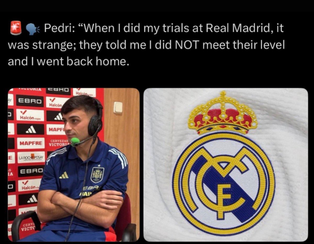 rhaeapologist's tweet photo. Real Madrid rejected Pedri and spat on him &amp; he kept barking about it for like 44 years while Jude joined Real Madrid, won the UCL in his first season, had 36 G/A in his first season, assisted the winning goal in the UCL final &amp; finished third in the Ballon dOr. Levels, folks 😭 https://t.co/8t1HnivAcv