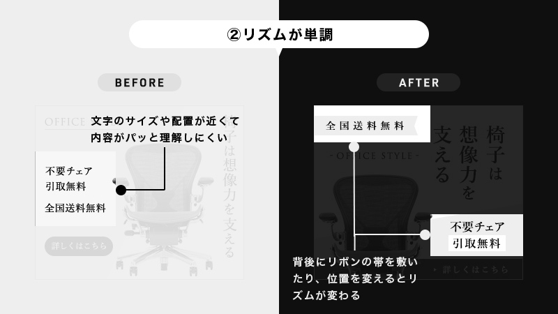 design_hikaru's tweet photo. 【デザインレビュー&ブラッシュアップ】
お題:オフィスチェアの販促バナー
~良い点~
・シンプルで美しい
・視認性が高い
~調整点~
①文字のサイズ
②リズムが単調
③椅子のトリミング
#studyplaza https://t.co/hjsFg22dgw
