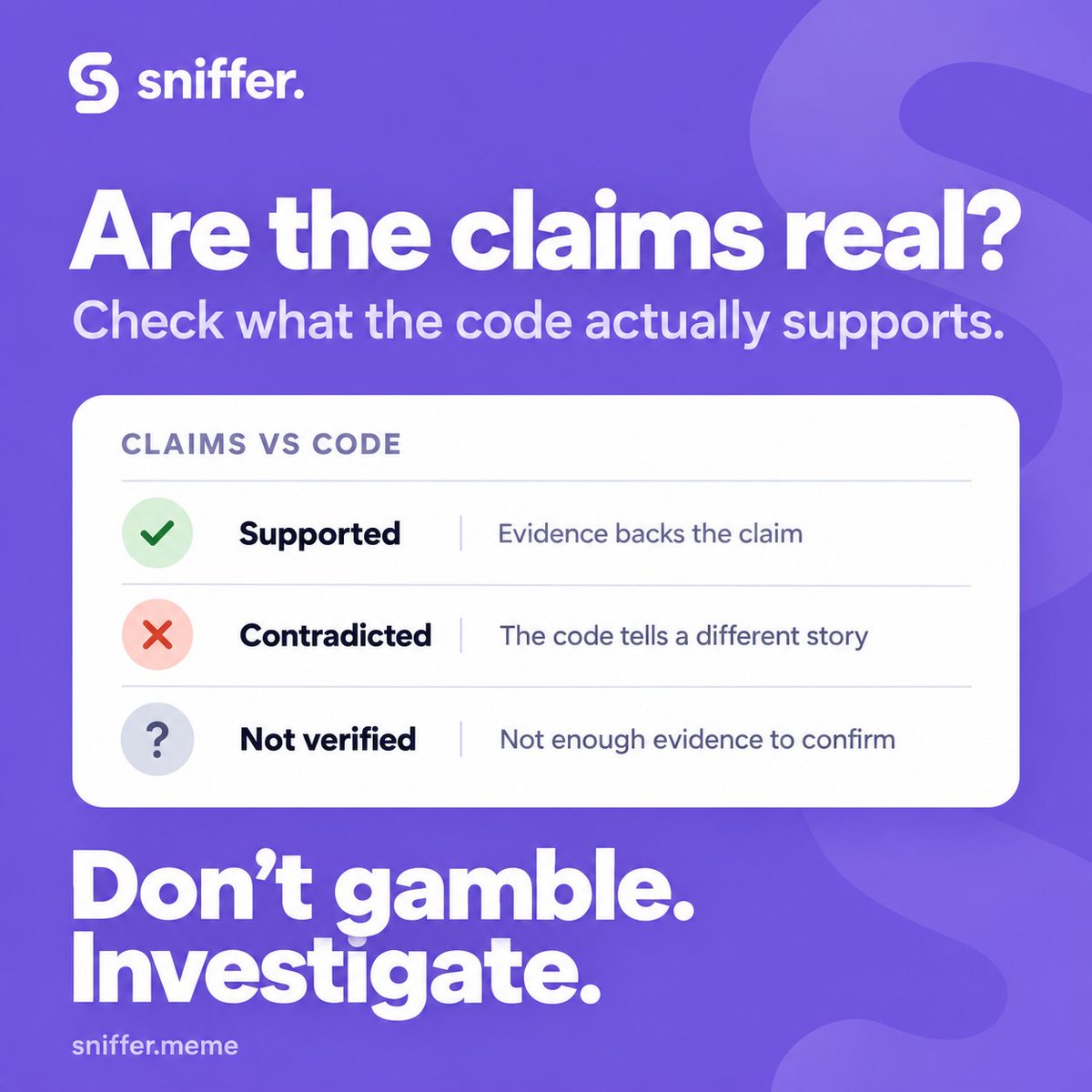 Snifferyourmeme's tweet photo. Stop gambling. Start investigating. 🔎

Big claims deserve real evidence. Check the code, review token controls, and see who bought the supply at launch.

Don’t buy the hype. Verify it. https://t.co/diJ7wav59l