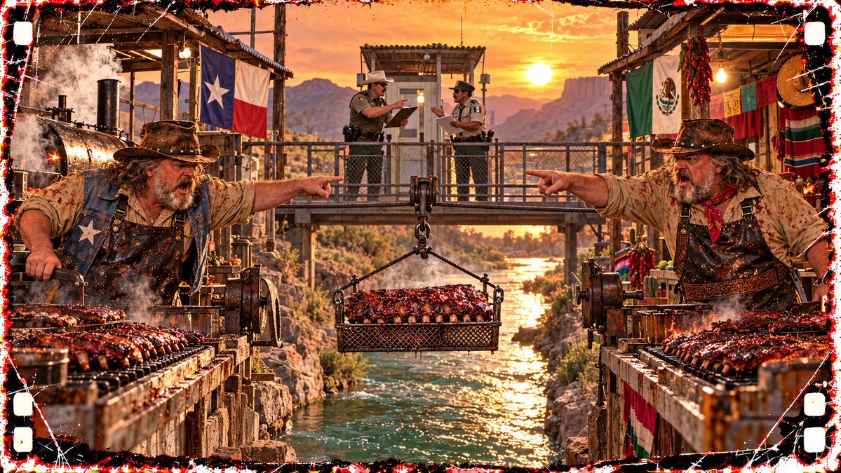 hansgruberhitit's tweet photo. Two Border J.T.s run Bone Shacks on opposite banks of the river and send ribs across on a cable. Earl parks on the international line so every suspect is entering and leaving his jurisdiction at once.
Machete don't declare produce.
#GrindhouseVerse #CherryDarling #Machete https://t.co/DzvdePMrc9