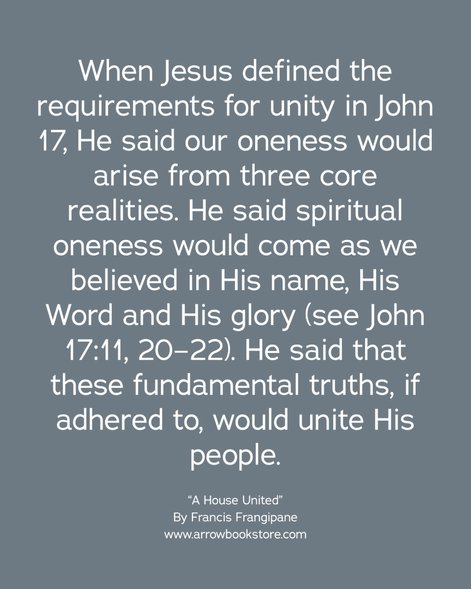 FFrangipane's tweet photo. Jesus said spiritual oneness would come as we believed in His name, His Word, and His glory (see John 17:11, 20–22). He said that these fundamental truths, if adhered to, would unite His people.
Excerpt from A House United by Francis Frangipane
#christianquotes #UnityInChrist https://t.co/uAAdjbK9QF