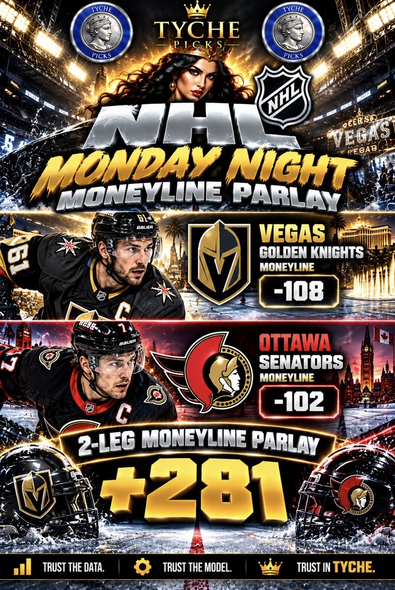 TychePicks's tweet photo. 🚨🏒🔥 TYCHE MONDAY NIGHT NHL PARLAY! 🔥🏒🚨

🏒 VEGAS GOLDEN KNIGHTS ML (-108) ⚔️🖤💛

🏒 OTTAWA SENATORS ML (-102) 🔴⚫

💰TYCHE 2-LEG MONEYLINE PARLAY: +281

👑 TRUST THE DATA. | TRUST THE MODEL. | TRUST IN TYCHE.

#TychePicks #Tyche #TychePremium #NHL #NHLPicks #NHLBetting #NHLParlay #MondayNightHockey #VegasGoldenKnights #VegasBorn #GoKnightsGo #GoldenKnights #OttawaSenators #GoSensGo #SensNation #OttawaHockey #HockeyNight #HockeyPicks #Moneyline #MoneylinePicks #Parlay #ParlayPicks #SportsBetting #BettingPicks #ModelPicks #SportsAnalytics