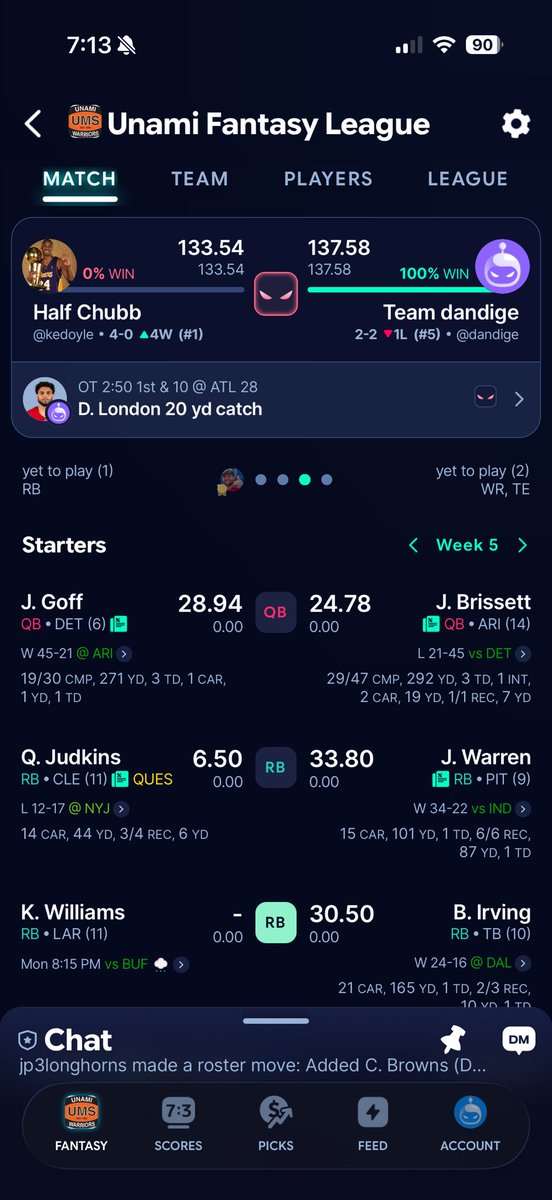 UnamiFantasy's tweet photo. One matchup will come down to MNF - @odoylerules1310 will need Kyren to run the rock tonight to have a chance to overtake @dand3020 with Puka and Kincaid https://t.co/73IhFvov1r
