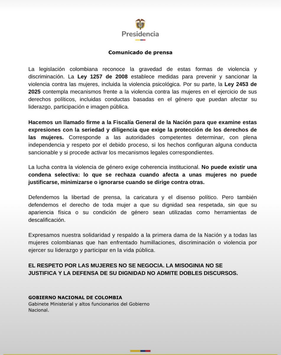 EmbajadaColDE's tweet photo. La misoginia no puede disfrazarse de humor ni usarse como instrumento de confrontación política.
El respeto por las mujeres no se negocia. https://t.co/MT8Xz1hd7X