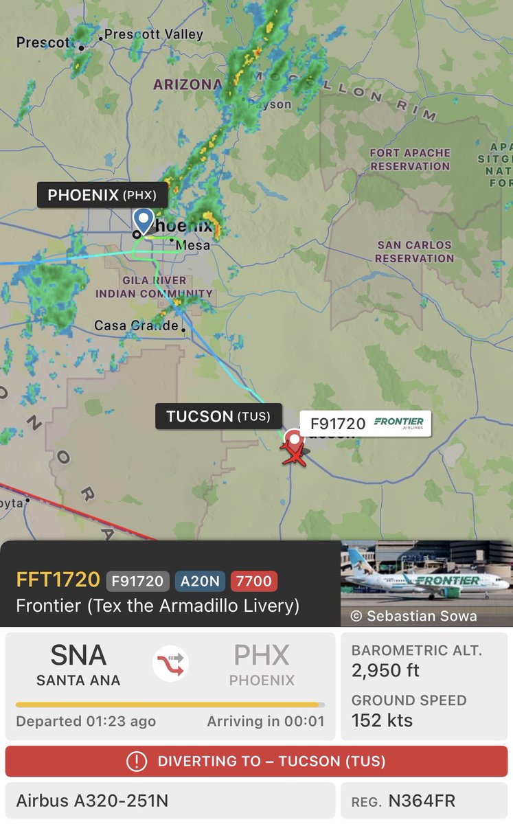 Squawk_Alert's tweet photo. #Frontier flight #FFT1720/#F91720 operated by ##FrontierAirlines from #SantaAna to #Phoenix is squawking 7700. The aircraft is an #Airbus A320-200N with registration #N364FR. Crew has declared an emergency and are diverting to #Tucson. https://t.co/GWtXJRbUOf