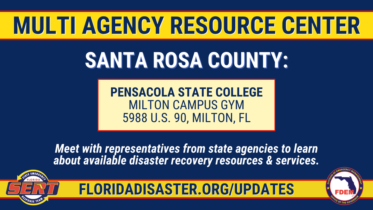 FLSERT's tweet photo. ‼️#Isaias Update‼️

If you need resources to assist with your recovery from #Isaias, then a Multi-Agency Resource Center (MARC) may be right for you!  

🤝 MARCs connect residents with resources & assistance from multiple state partners to help them navigate the road to recovery. 

Tomorrow, a MARC is opening in Santa Rosa County!
📍 Pensacola State College—Milton Campus Gym
🕐 Opens at 1 PM!

Find updated MARC information & other recovery resources at  https://t.co/p1ksYRsn11.