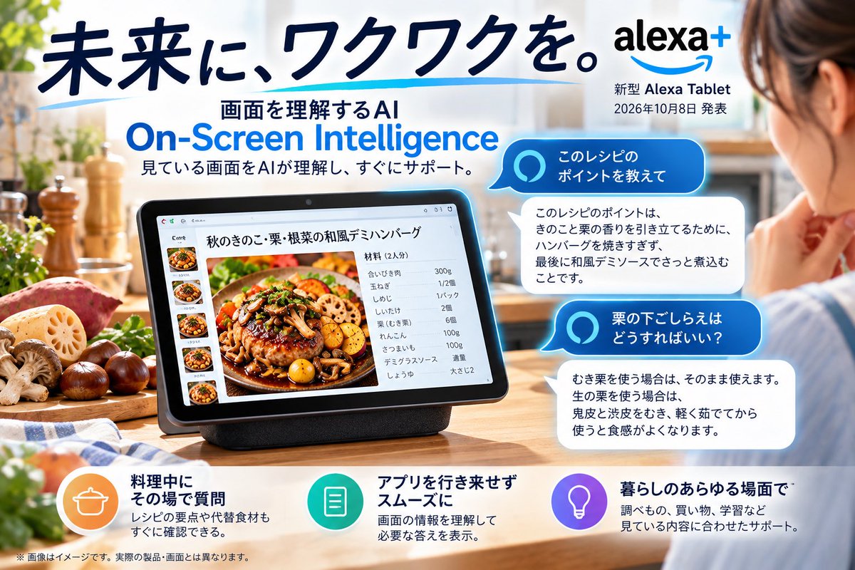 masa_make's tweet photo. 未来に、ワクワクを。
画面を理解するAI「On-Screen Intelligence」。

新型Alexa Tabletなら、表示中のレシピもAIが読み取ってサポート。

アプリを行き来せず、知りたいことが分かる未来へ。 #AI #次世代技術 https://t.co/84J8evAguP