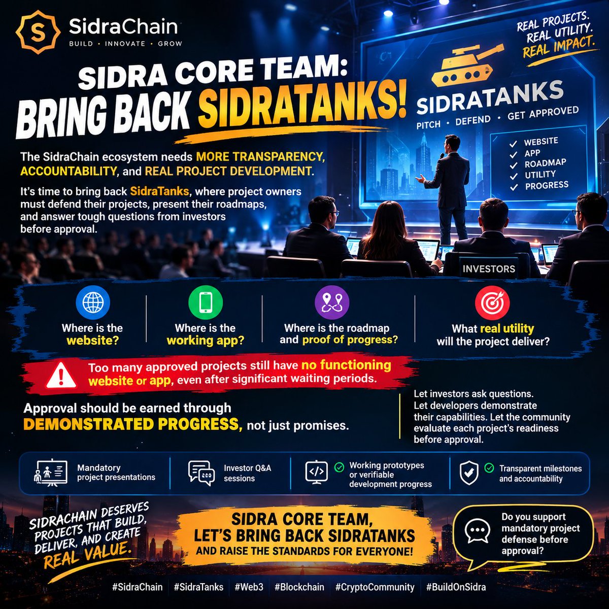 mulord92's tweet photo. 🚨 SIDRA CORE TEAM: BRING BACK SIDRATANKS! 🔥

The SidraChain ecosystem needs MORE TRANSPARENCY, ACCOUNTABILITY, AND REAL PROJECT DEVELOPMENT.

💡 It's time to bring back SidraTanks, where project owners must defend their projects, present their roadmaps, and answer tough questions from investors before approval.

❓ Where is the website?
📱 Where is the working app?
🗺️ Where is the roadmap and proof of progress?
🎯 What real utility will the project deliver?

Too many approved projects still have no functioning website or app, even after significant waiting periods.

Approval should be earned through demonstrated progress, not just promises.

Let investors ask questions. Let developers demonstrate their capabilities. Let the community evaluate each project's readiness before approval.

✅ Mandatory project presentations
✅ Investor Q&A sessions
✅ Working prototypes or verifiable development progress
✅ Transparent milestones and accountability

SidraChain deserves projects that BUILD, DELIVER, and CREATE REAL VALUE. 🚀

Sidra Core Team, let's bring back SidraTanks and raise the standards for everyone!

💬 Do you support mandatory project defense before approval?

#SidraChain #SidraTanks #Web3 #Blockchain #CryptoCommunity #BuildOnSidra