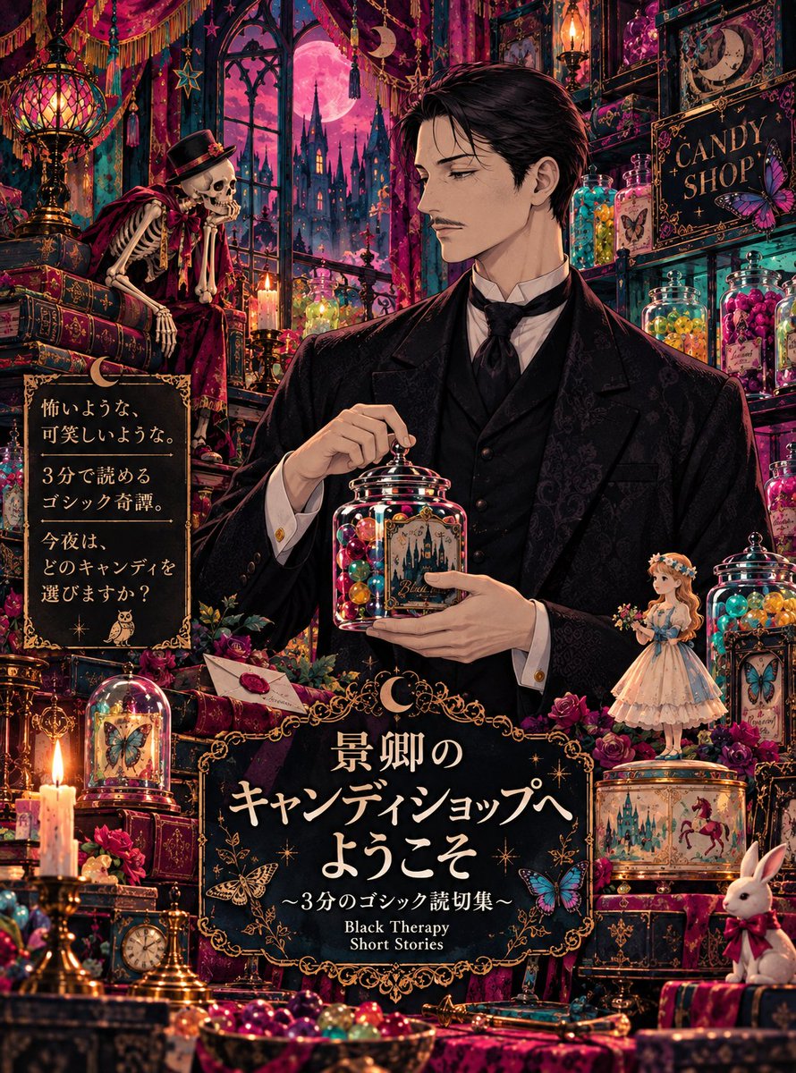 BTbyKEI's tweet photo. 🌙 怖いような、可笑しいような。３分で読めるゴシック奇譚🦉
『景卿のキャンディショップへようこそ〜３分のゴシック読切集〜』
📚「アルファポリス」にて無料公開中
https://t.co/EtNcDBWOTD
#アルファポリス #創作小説 #ゴシック #ダークファンタジー
※掲載画像は生成AIを使用し作者が加筆調整 https://t.co/UbZkSJJUrI