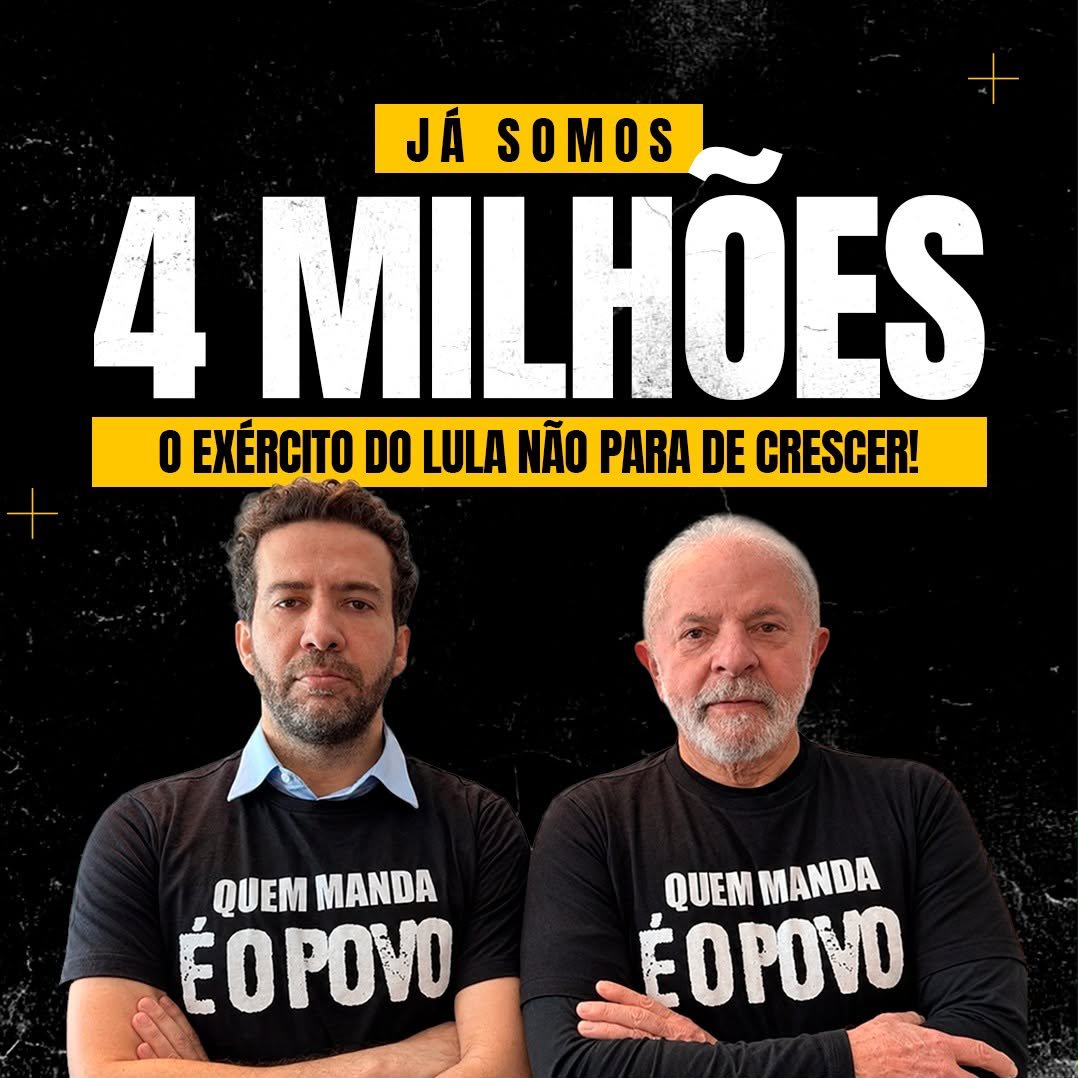 JovemPela4aVez's tweet photo. 4 milhões, quatro milhões no exército do Lula.  Bora Lula!

#SOMOS4MILHOESDESOLDADOSDELULA https://t.co/nhLCGssuIO