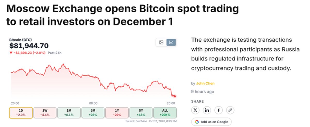 DefiSanga2's tweet photo. A bolsa de Moscou quer liberar bitcoin pro investidor comum a partir de 1º de dezembro. Mas com regra apertada:

• só BTC, ETH e USDT
• prova de conhecimento antes de comprar
• teto de 300 mil rublos por ano (uns US$ 3.600) por corretora

O Sberbank, maior banco de lá, também tá testando cripto no app e mira a mesma data. O Banco Central russo ainda não confirmou o dia.

Pra quem tá no Brasil, o contraste é grande: aqui o primeiro ETF de cripto estreou na B3 em 2021 e não tem limite anual de compra.

via Crypto Briefing