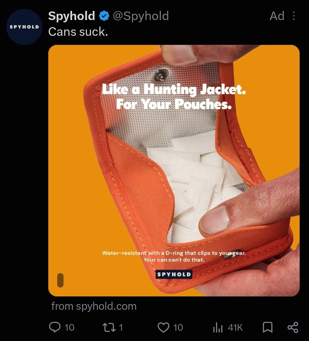Humanstein's tweet photo. Every ad is just this shit now. Cum pills. Various nicotine pouch storage containers. Pemmican lmao https://t.co/nmWHyOQk52