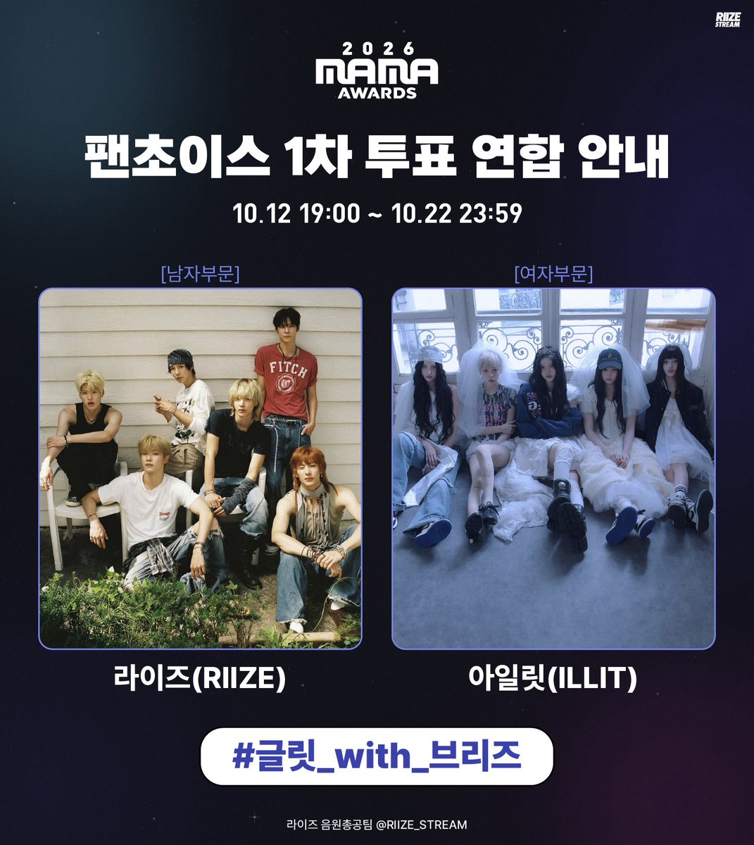 RIIZE_STREAM's tweet photo. 🏆 2026 MAMA FANS’ CHOICE 연합안내 🏆

라이즈(RIIZE) × 아일릿(ILLIT)

🗳️ FANS’ CHOICE 부문
✔️ 여자: IVE, ILLIT
✔️ 남자 : RIIZE, BIGBANG
     
✔️ 10/12 19:00 ~ 10/22 23:59 (KST)
✔️ 매일 투표 가능
🔗 https://t.co/q44AEiaVb9

📌마마 팬스초이스 1차 투표 추가 연합입니다!
투표 후 아래 해시태그도 함께 인증해주세요

#글릿_with_브리즈
#브리즈와함께_븨아피
#브리즈와_마마로_다이브
#RIIZE #2026MAMAVOTE

🌟연합해시사용가능⭕️아티스트는라이즈만⭕️
 
추가 연합이 조율중에 있습니다.
브리즈분들은 최종공지가 올라간 뒤 투표해주시면 감사하겠습니다.