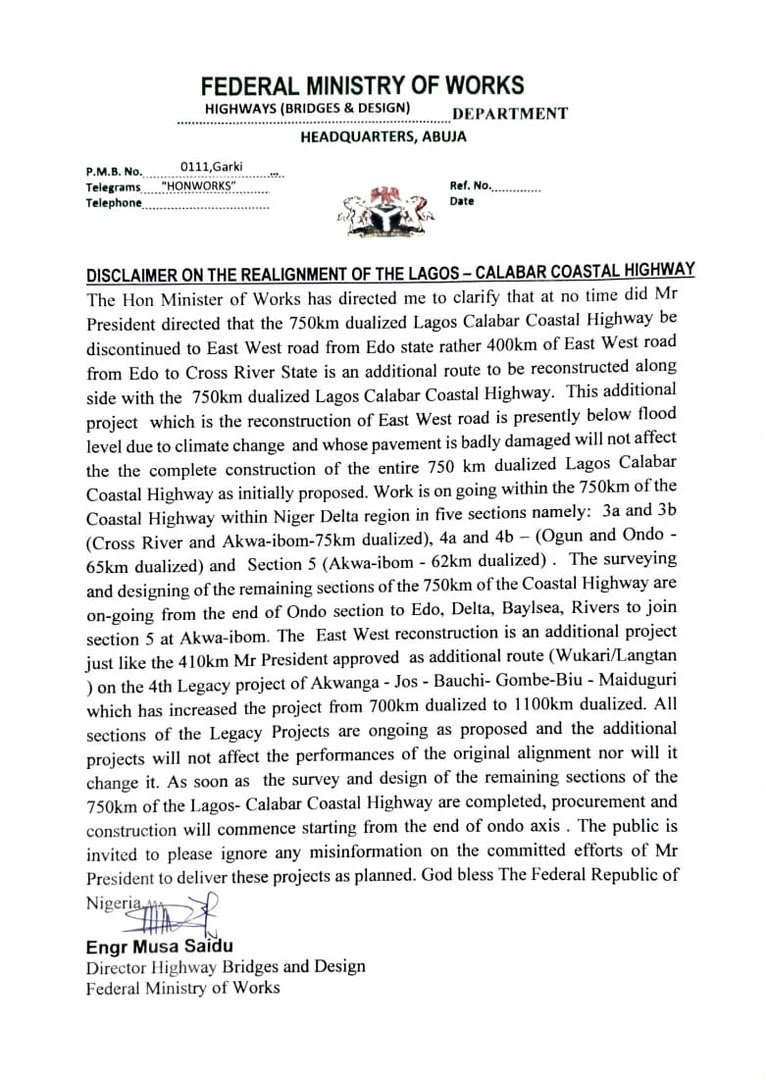 iiii_regular's tweet photo. FEDERAL MINISTRY OF WORKS 
HIGHWAYS (BRIDGES &amp; DESIGN) DEPARTMENT
HEADQUARTERS, ABUJA

DISCLAIMER ON THE REALIGNMENT OF THE LAGOS - CALABAR COASTAL HIGHWAY https://t.co/GZ0JAfuH0B