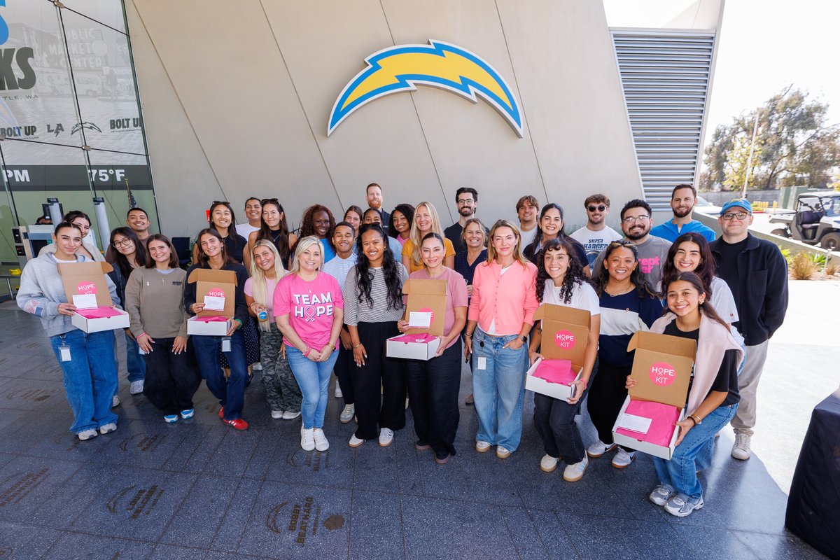 NBCF's tweet photo. Earlier this month, the @chargers community came together to pack 200 HOPE Kits for breast cancer patients being treated at UCLA Health! We had a great time meeting the staff, learning more about the impact of HOPE Kits, and coming together to support such an important cause.

The Chargers have longstanding ties to breast cancer awareness through the NFL’s Crucial Catch initiative and the advocacy of Susie Spanos, wife of Chargers Chairman and Owner Dean Spanos, and breast cancer survivor. We were grateful for the Chargers’ commitment to Crucial Catch through NBCF and helping bring a little hope to those going through treatment. 💗