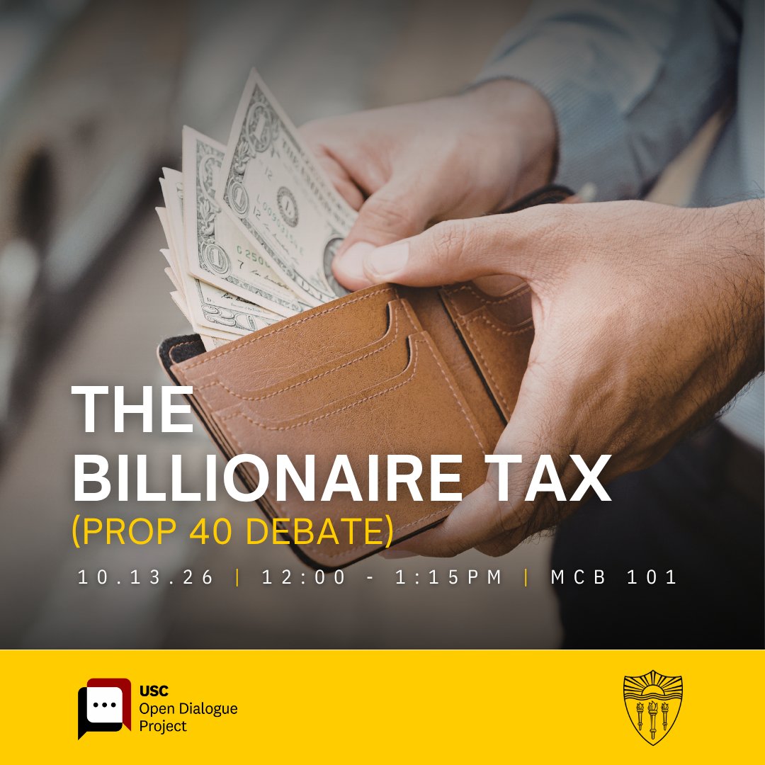 USCPrice's tweet photo. Should billionaires pay more in taxes? And what would that mean for #California?

California’s proposed billionaire tax has sparked a big debate. Join economists Emmanuel Saez of @UCBerkeley and Matthew E. Kahn of @USCDornsife as they go head-to-head on #Prop40 and what a billionaire tax could mean for the state.

From funding health care to concerns about wealthy residents leaving California, there’s a lot to unpack. So, would a billionaire tax help California, or create new challenges? 

Come hear both sides and join the conversation! Learn more and register for Zoom: https://t.co/SMKKSuWc4R
