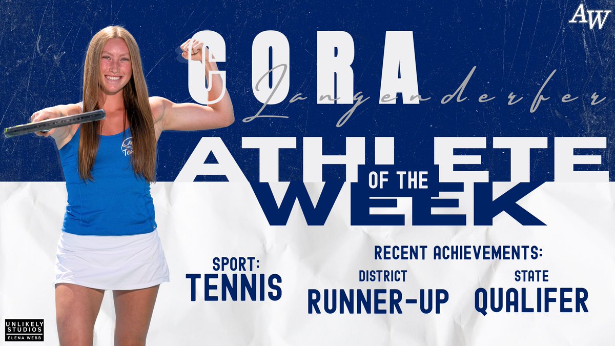 AWGenerals1's tweet photo. Congratulations to our Athlete of the Week, Cora Langenderfer! 🎾

She earned district runner-up and qualified for state for @AWGirlsTennis! Great job Cora and best of luck! 

Graphic: IG unlikely.studios https://t.co/X3S4dtpKyV