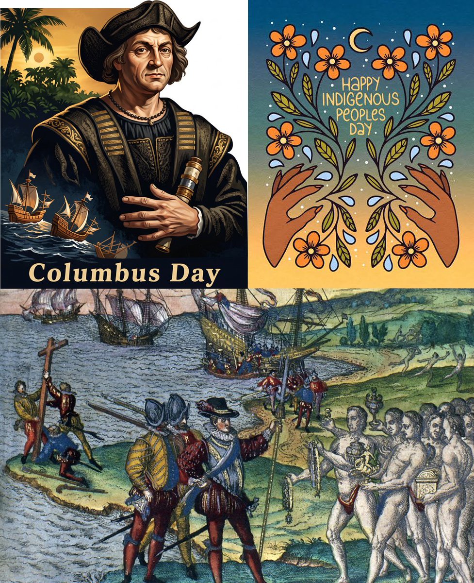 d2k's tweet photo. There are always multiple sides to history, and a brave discoverer can also be a misguided navigator. A man can bring Christianity and smallpox to a hemisphere. He can receive offerings of gold from the people he “discovers” and work them to death to get more for himself. We can still call the indigenous people in this New World by the name of a people from half a world away, and the sailors who raped and killed the women of the islands they journeyed to can bring back endemic syphilis to their homelands, infecting and killing millions into the twentieth century. Sometimes history gets its revenge.
#ColumbusDay #IndigenousPeoplesDay #FiestaNacionaldeEspaña