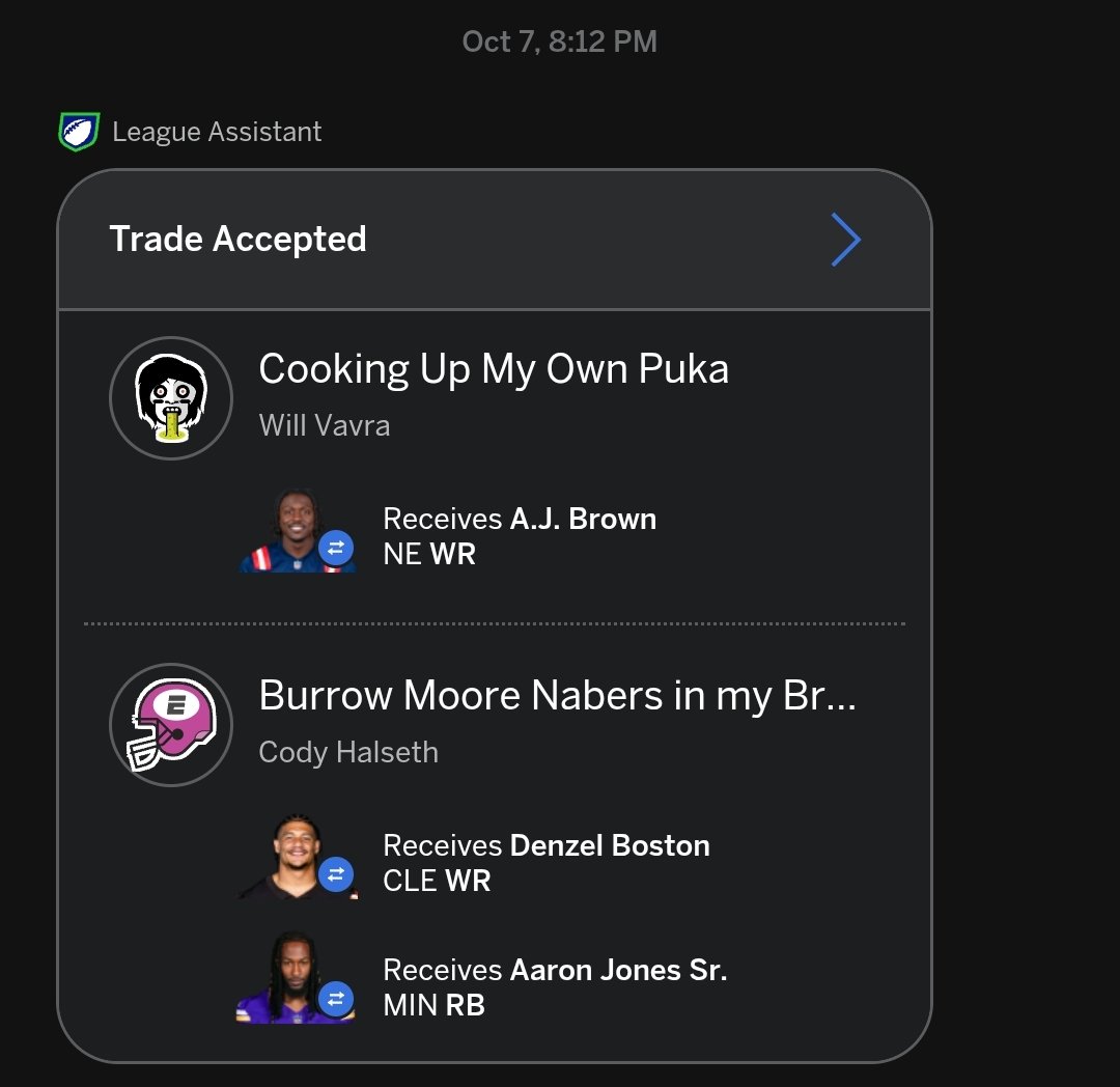 thwompbox's tweet photo. @17gamepace Acquired AJ Brown in exchange for Aaron Jones and Denzel Boston.  Started thinking about this trade after your weekly column on trade targets, and I was in a place where I could afford it, so thank you. https://t.co/dfOkHlcpMk