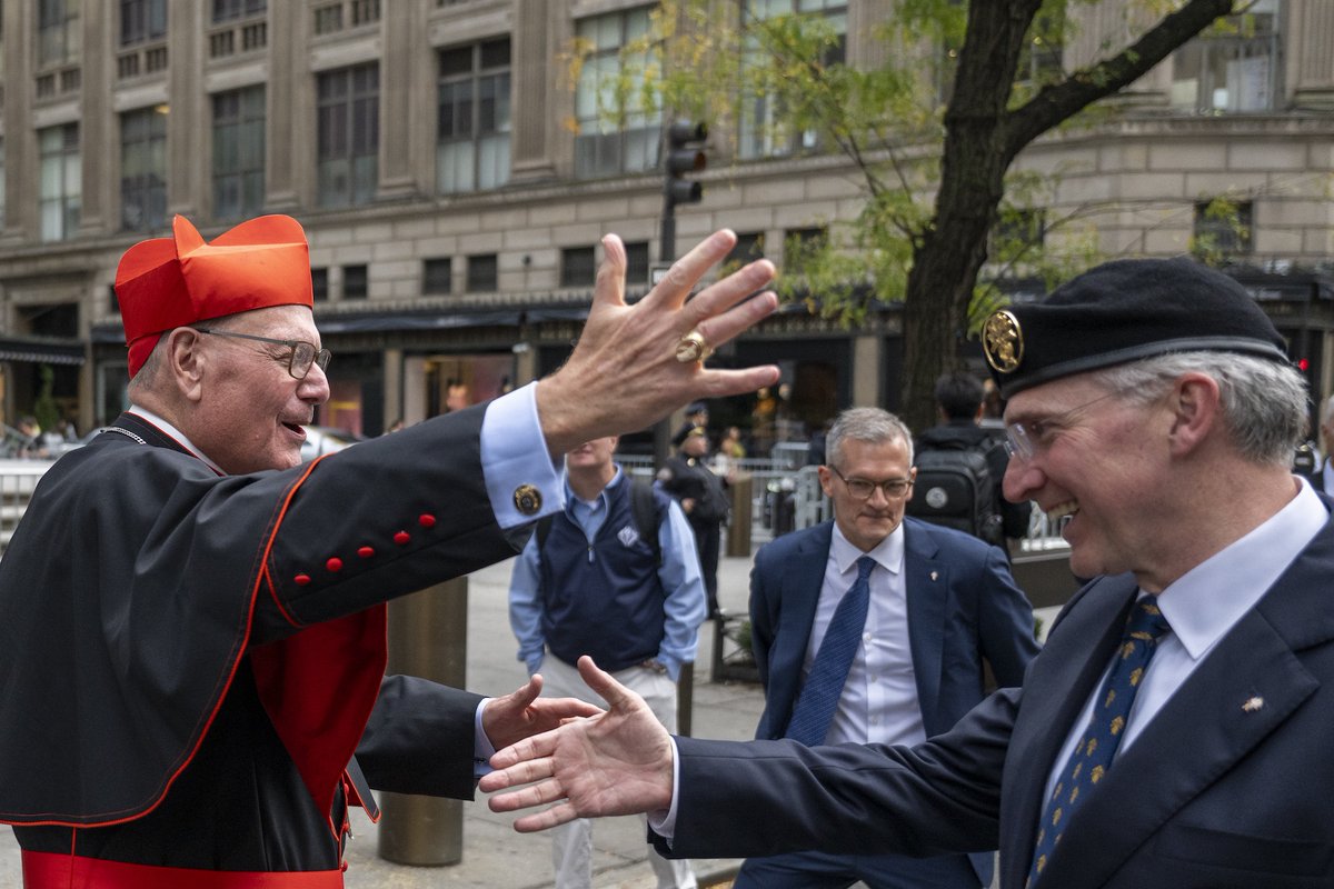 KofC's tweet photo. Supreme Officers of the Knights of Columbus and more than 200 Fourth Degree Knights from several jurisdictions marched in the 82nd annual Columbus Day parade in Manhattan today. Before the parade, Knights attended Mass celebrated by Cardinal Timothy Dolan, archbishop emeritus of New York, at St. Patrick’s Cathedral.

------------------------
Photos by Tamino Petelinšek.

1. Fourth Degree Knights of Columbus march up Fifth Avenue in the 82nd annual Columbus Day parade in Manhattan today. 

2. Supreme Knight Patrick Kelly greets Cardinal Timothy Dolan, archbishop emeritus of New York, at the 82nd annual Columbus Day parade in Manhattan today. 

3. Supreme Knight Patrick Kelly marches with Fourth Degree Knights of Columbus in the 82nd annual Columbus Day parade in Manhattan today.

4. Supreme Officers of the Knights of Columbus stand with Fourth Degree Knights in Manhattan’s Central Park after the 82nd annual Columbus Day parade today.