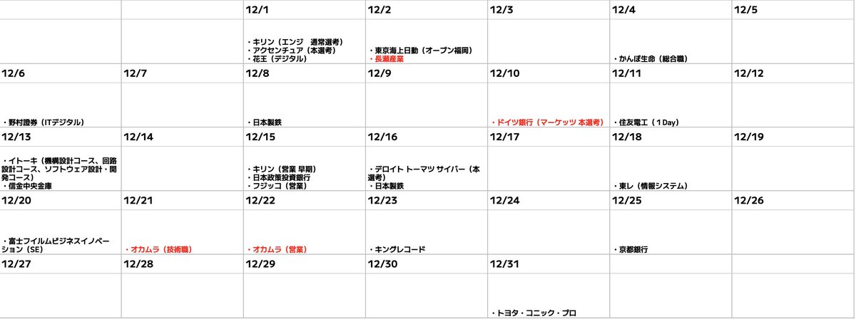 syukatsukame's tweet photo. 10/13更新
【28卒：秋冬インターン・本選考締切カレンダー】

秋冬インターン・本選考締切更新しました。
金曜日の投稿から更新した企業は赤字で記載しています。締切ラッシュですね。
10月~12月はかなり忙しくなりそうです。この時期は

・ESラッシュ
・インターンの面接・GD対策
・早期選考対策
・（卒業できていない方は）テスセン対策

などやることが多いです。計画的にコツコツやっていきましょう。何度も言いますが、テスセンが終わっていない人は今月中に必ず終わらせましょう。

以下の模試は無料で受検できるので、SPI対策にぜひ活用してください👇

📍SPI模試（キミスカ）
簡易的な模試から、本番を想定した模試まで受検可能。

↓詳しくはこちら
https://t.co/enIQCJwc2T
※スカウトサービスとしてもめちゃくちゃおすすめ！

#pr