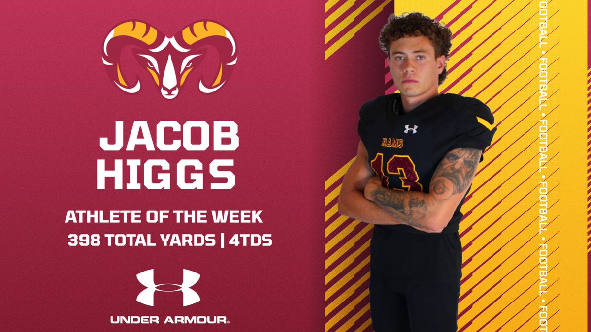 VVC_RAMS's tweet photo. 🏈🐏 ATHLETE OF THE WEEK | Jacob Higgs

Jacob delivered a huge dual-threat performance!

🎯 281 passing yards | 2 TD
 🔥 117 rushing yards | 2 TD
 📊 398 total yards | 4 total TD
 ✅ 0 INT

Big-time performance for the Rams!

#GoRams #VVCAthletics #HornsUp🤘 https://t.co/VQDLz4kSmZ