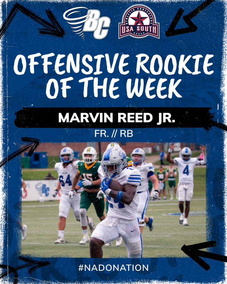 BCTornados's tweet photo. Football: BREAKING NEWS - Congrats to Brevard College freshman running back Marvin Reed Jr. for earning USA South Conference Offensive Rookie of the Week honors! #NadoNation #d3fb https://t.co/rRVSTL2C7d