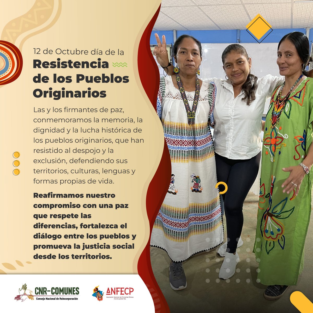 CNRCOMUNES's tweet photo. ✊🏽🌿 Hoy #12DeOctubre día de la Resistencia de los Pueblos Originarios, Las y los #FirmantesDePaz🕊️ conmemoramos la memoria, la dignidad y la lucha histórica de los pueblos originarios, que han resistido al despojo y la exclusión, defendiendo sus territorios, culturas, lenguas y formas propias de vida.

Reafirmamos nuestro compromiso con una paz que respete las diferencias, fortalezca el diálogo entre los pueblos y promueva la justicia social desde los territorios.